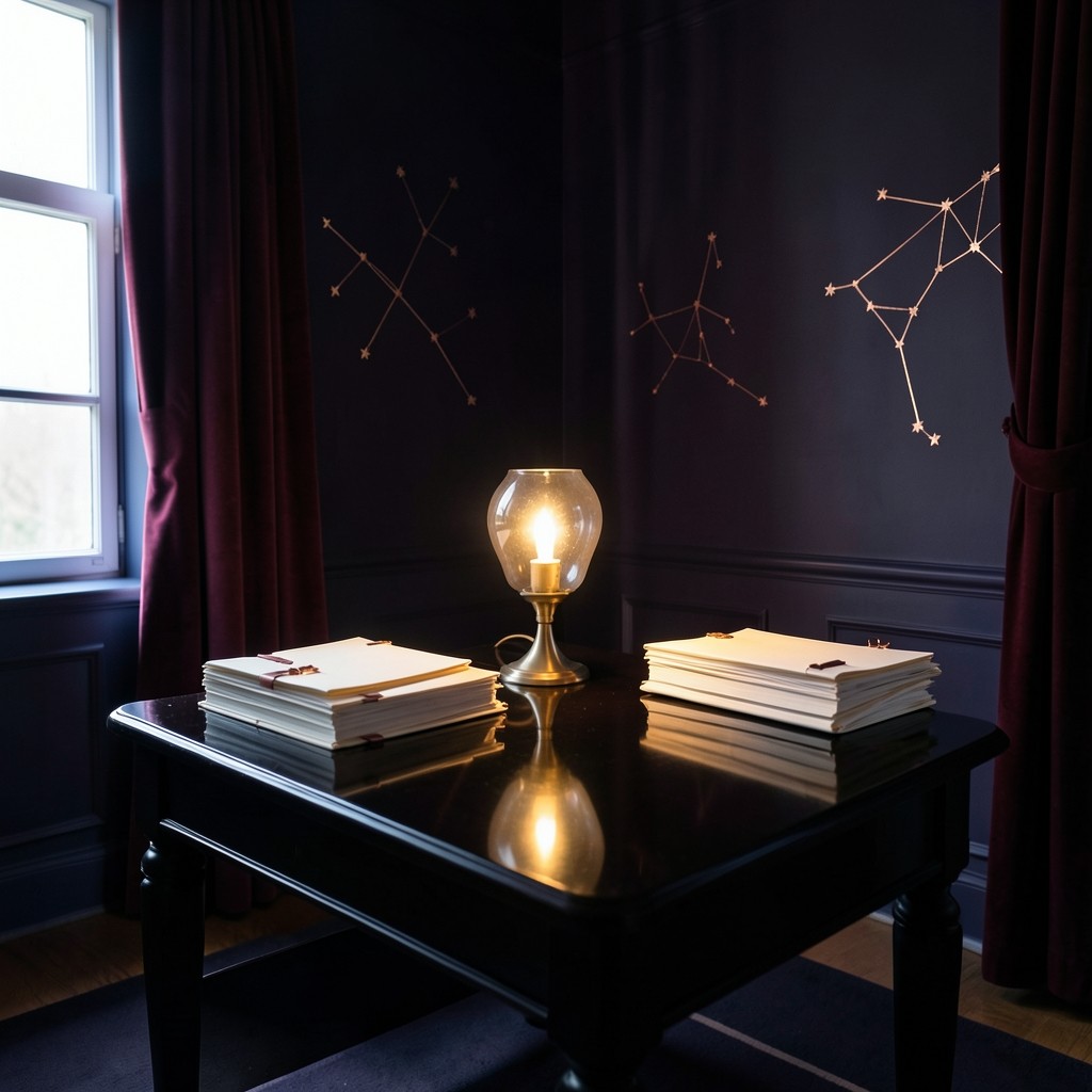 The empty Suncheon study room with velvet curtains, chart folders, and a copper lamp
