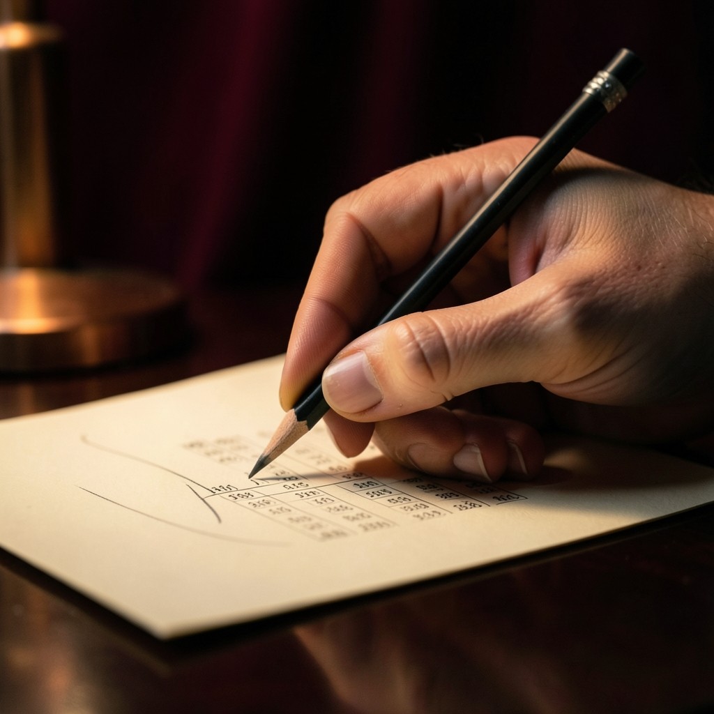 A hand holding a pencil just above a closing mark on a printed chart