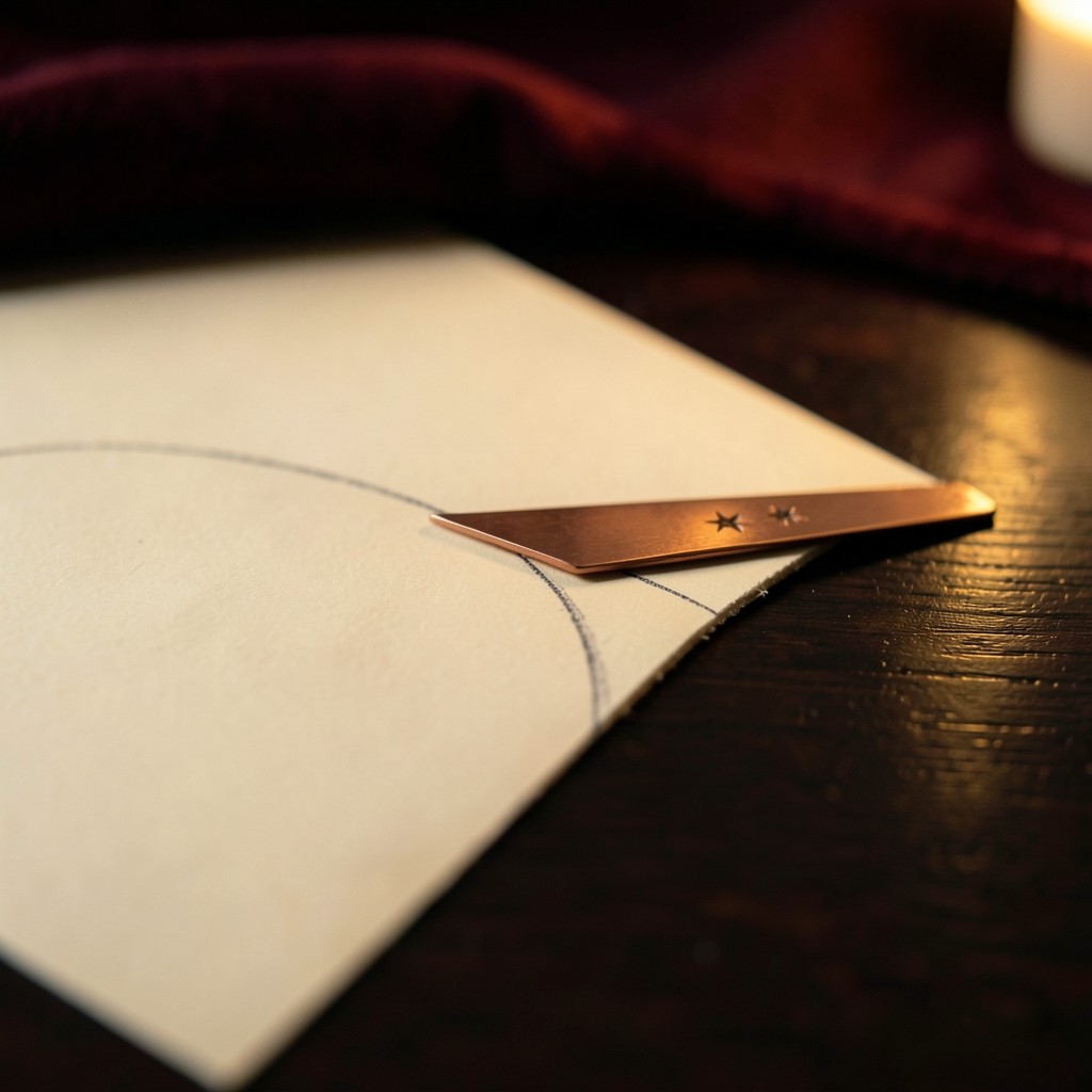 A copper straightedge laid along a penciled moving-average curve on ivory paper