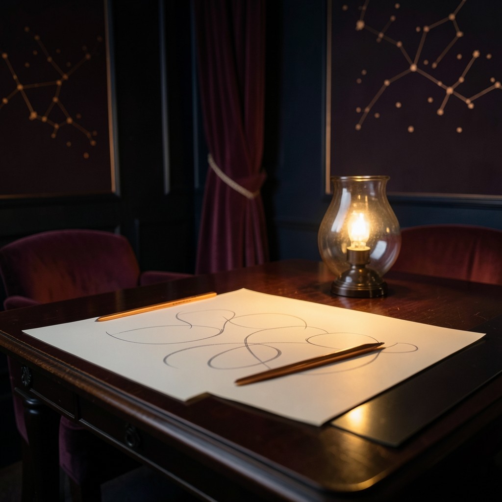A lacquered table in a velvet-draped evening room, with printed price charts, a copper ruler, and a smoked-glass lamp