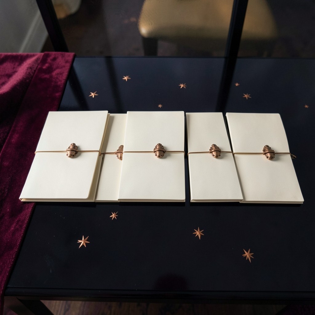 Six copper-clipped chart folders laid in a row on lacquered wood