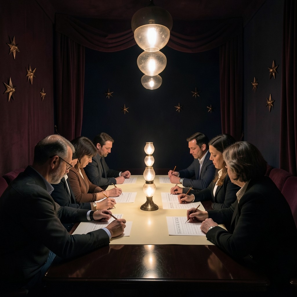 Adults seated along a long lacquered table marking printed charts under a copper lamp