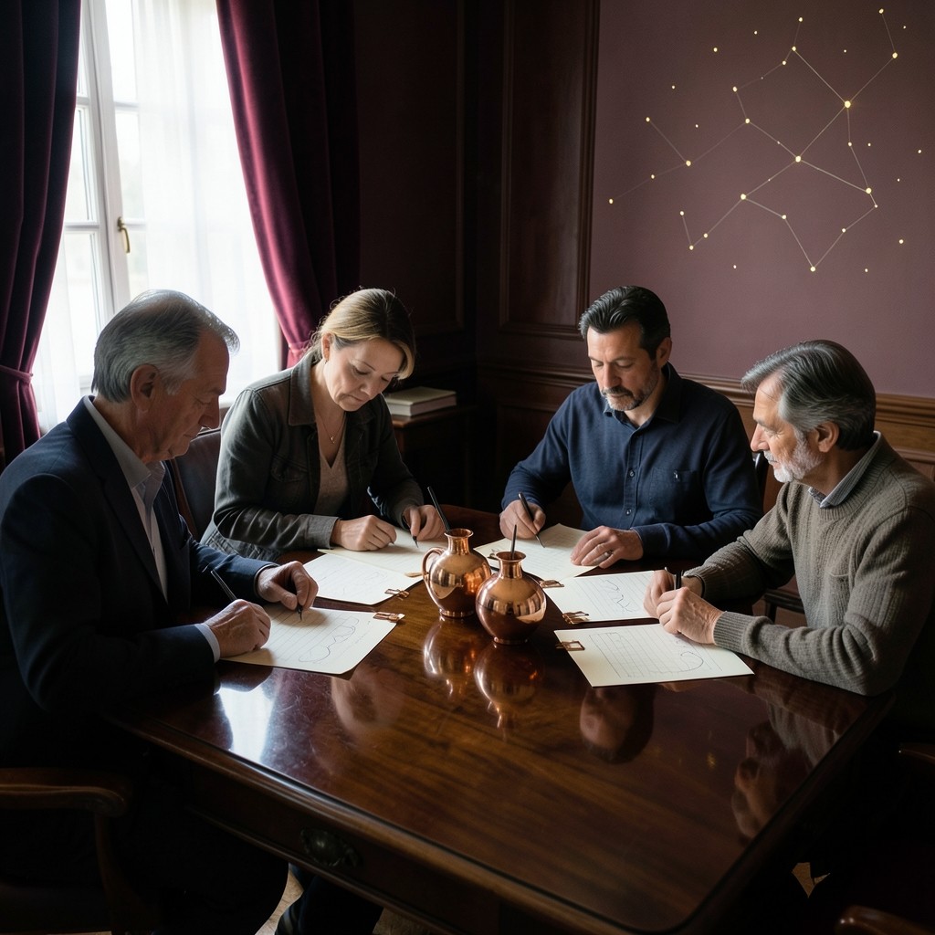 A small Saturday group comparing pencil-marked chart sheets on a wooden table